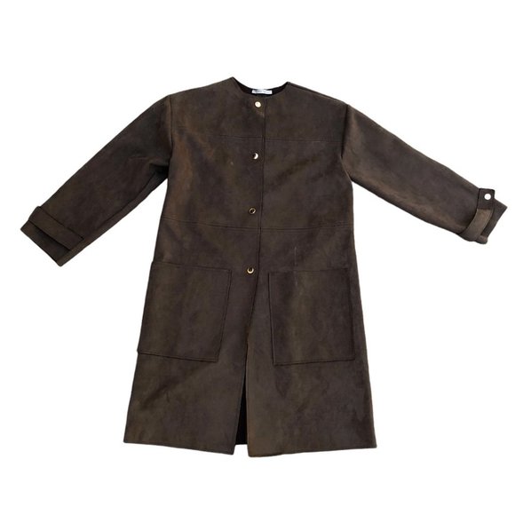 Zara Jackets & Blazers - ZARA Faux Suede Button Coat Jacket Women's SMALL Brown Long No Lapel